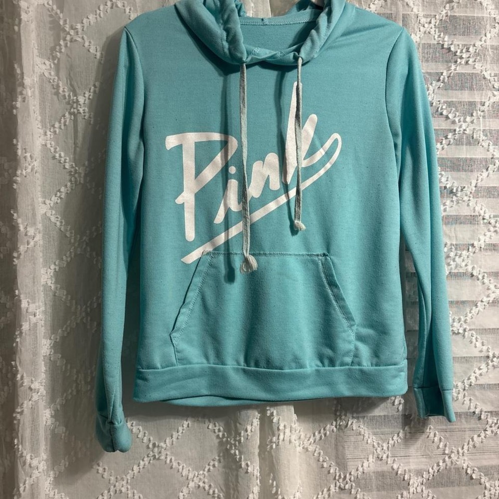 Victorias Secret PINK Pullover Hoodie Aqua Blue‎ Script Logo Sweatshirt Womens S